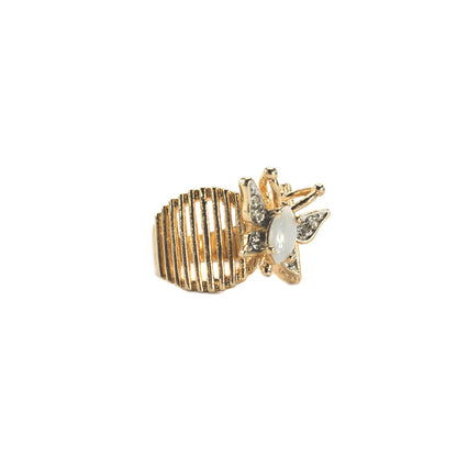Vintage Butterfly Ring Genuine Coral and Clear Austrian Crystals 18kt Yellow Gold Electroplated