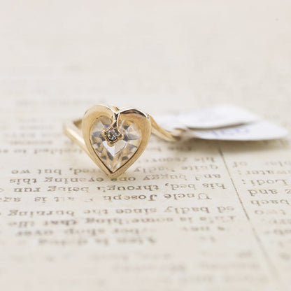 Vintage 1970s Heart Shape Ring with Clear Austrian Crystal 18k Yellow Gold Electroplated