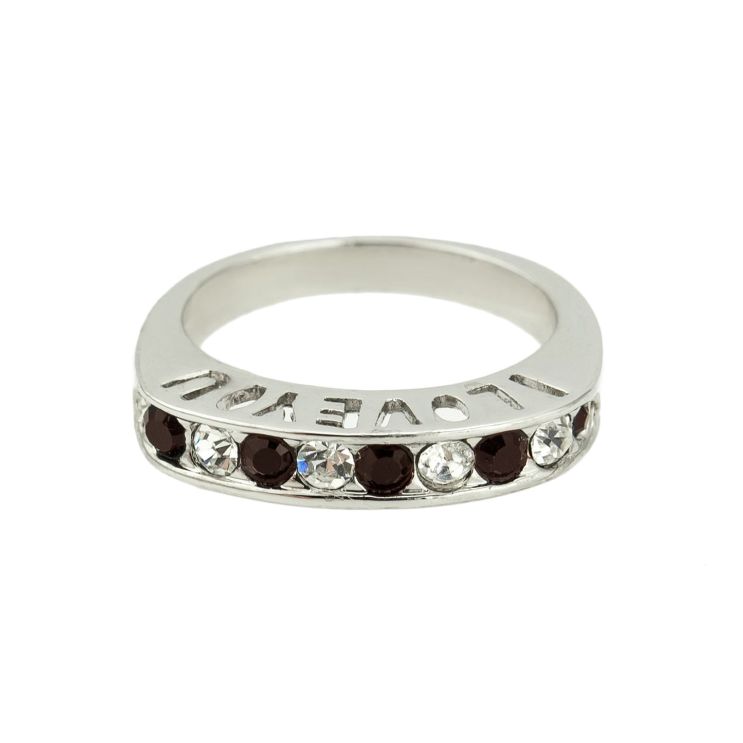 Silver tone band ring with engraved I Love You text and alternating garnet and clear Austrian crystals in channel setting
