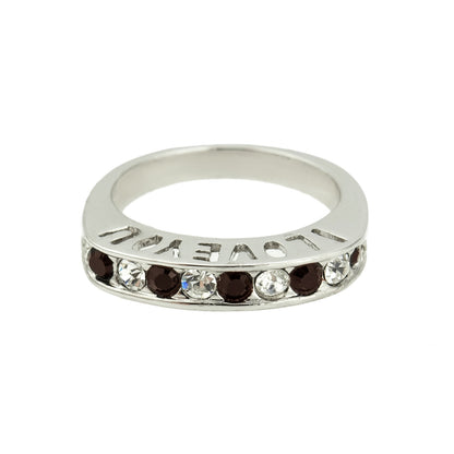 Silver tone band ring with engraved I Love You text and alternating garnet and clear Austrian crystals in channel setting