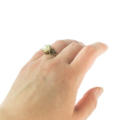 Vintage 1970's Pearl Bead Ring Antiqued 18k Gold Electroplated Made in USA