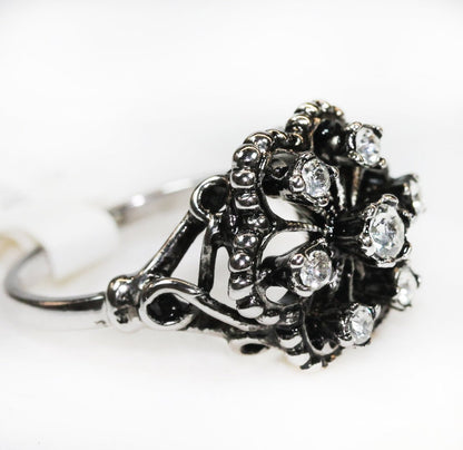Vintage Filigree Ring with Clear Austrian Crystals - 18k White Gold Electroplated Antiqued Silver Tone jewelry image 1