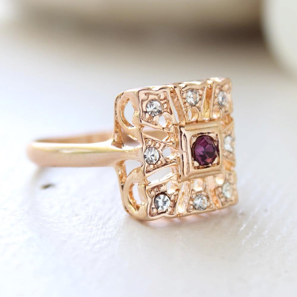 Vintage 1970s Ring Amethyst and Clear Swarovski Crystals 18k Gold  Size 10 Only February Birthstone #R1263