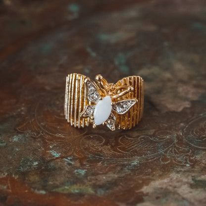 Vintage Butterfly Ring Genuine Coral and Clear Austrian Crystals 18kt Yellow Gold Electroplated