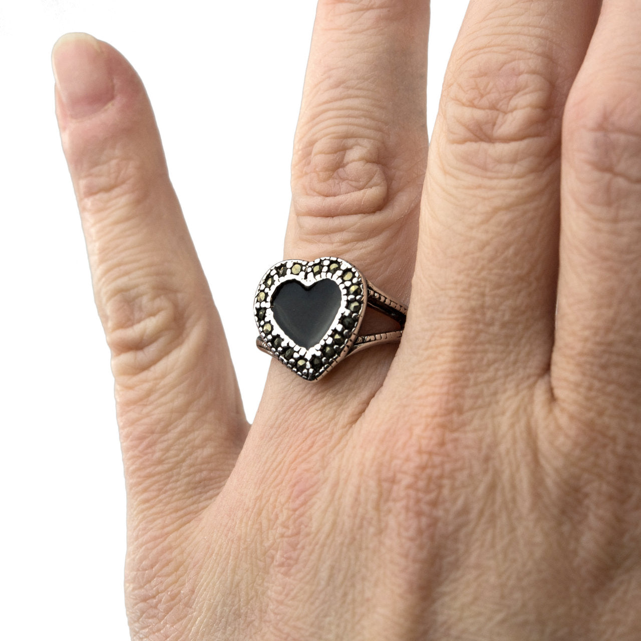 Vintage Ring Pearl and Swarovski Crystal Heart Ring Antique 18k White Gold Silver Womans Jewelry R1757