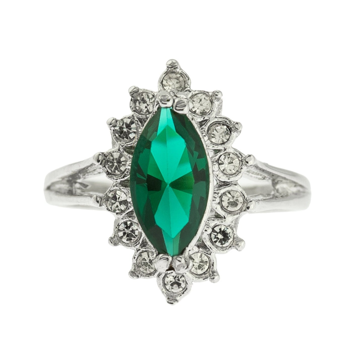 Vintage Emerald and Clear Swarovski Crystals 18k White Gold Electroplated Ring May Birthstone R1891 Size 8