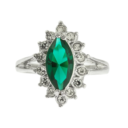Vintage Emerald and Clear Swarovski Crystals 18k White Gold Electroplated Ring May Birthstone R1891 Size 8