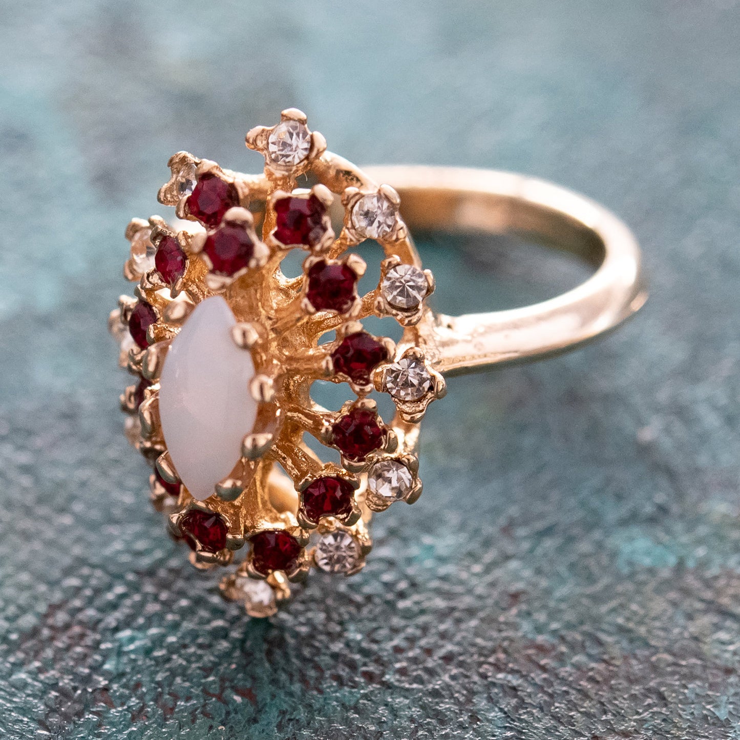 Vintage Ring Genuine Opal with Clear and Ruby Austrian Crystals 18kt Yellow Gold Electroplated