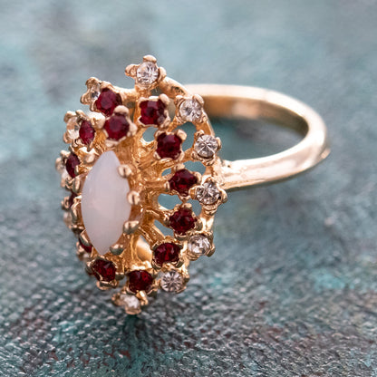 Vintage Ring Genuine Opal with Clear and Ruby Austrian Crystals 18kt Yellow Gold Electroplated