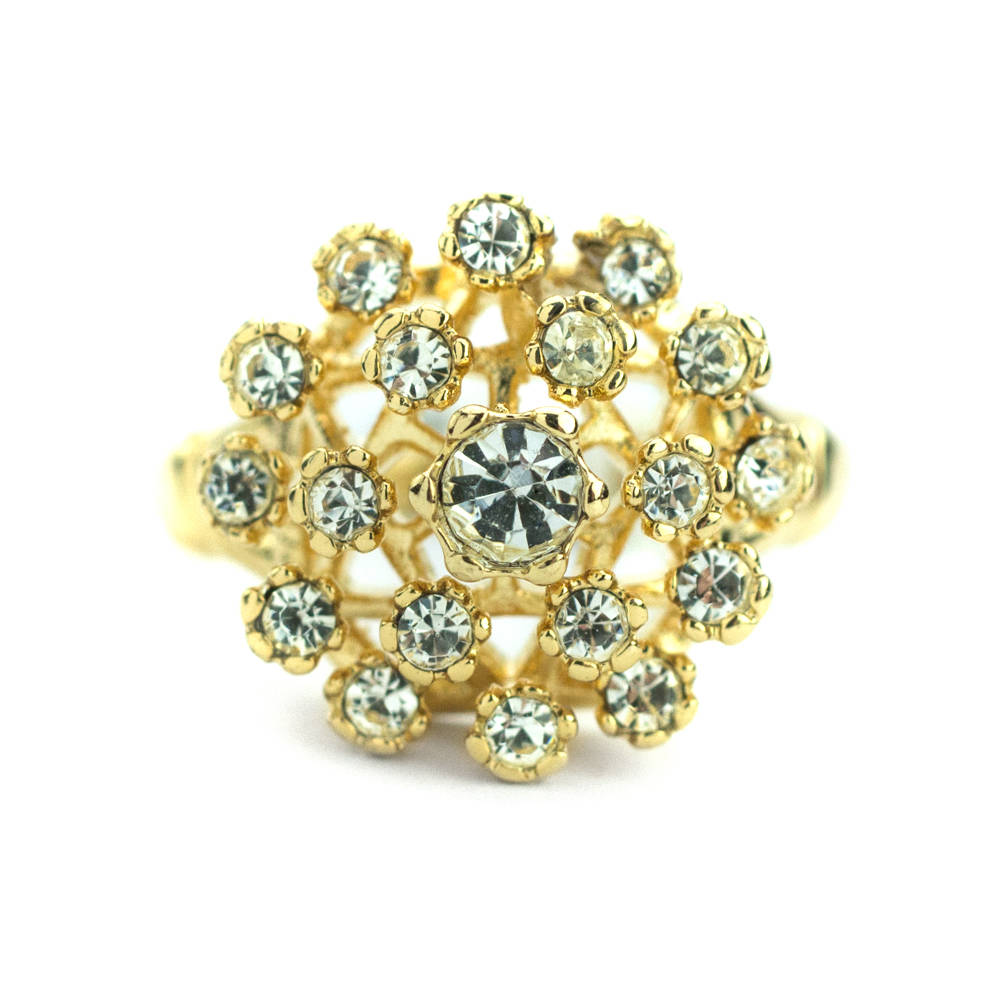 Vintage Clear Austrian Crystal Burst Cluster Ring - 18k White Gold Electroplated - Made in USA jewelry image 1