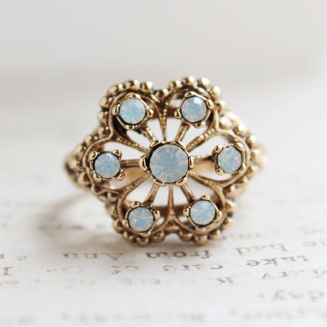 Vintage Citrine Austrian Crystals Filigree Style Antiqued 18k Yellow Gold Electroplated Ring