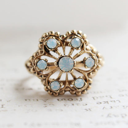 Vintage Citrine Austrian Crystals Filigree Style Antiqued 18k Yellow Gold Electroplated Ring
