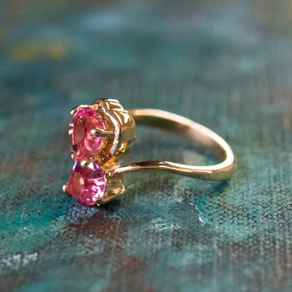 Vintage Ring Cubic Zirconia Double Heart Ring 18k Gold Antique Womans Handmade Jewelry R2342