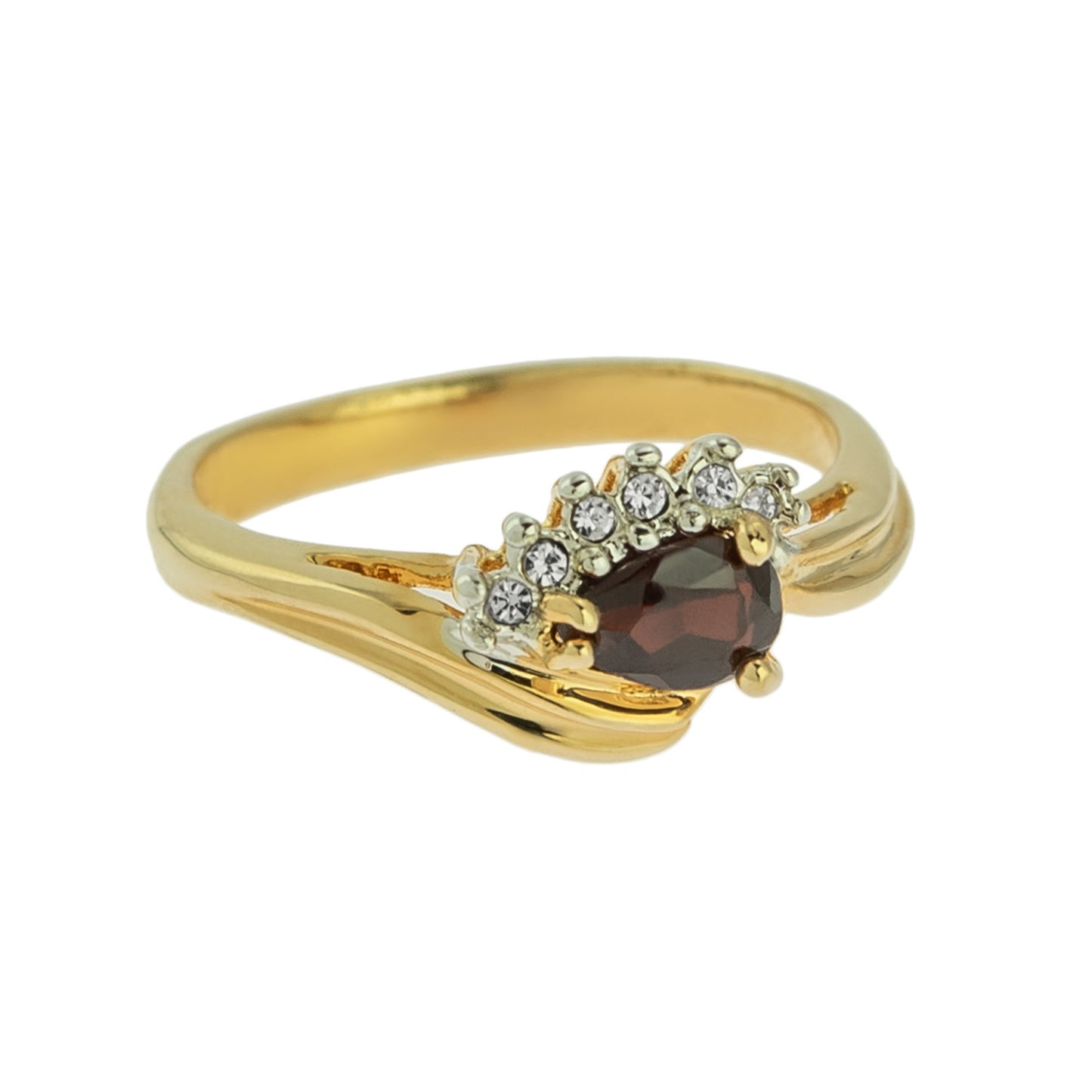 Vintage Ring Genuine Garnet and Clear Austrian Crystals 18kt Yellow Gold Electroplated Made in USA Size: 7