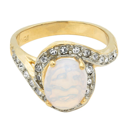 Vintage Ring 1980's Jelly Opal Ring with Clear Swarovski Crystals 18k Gold Womens Jewelry R9011 SIZE 6