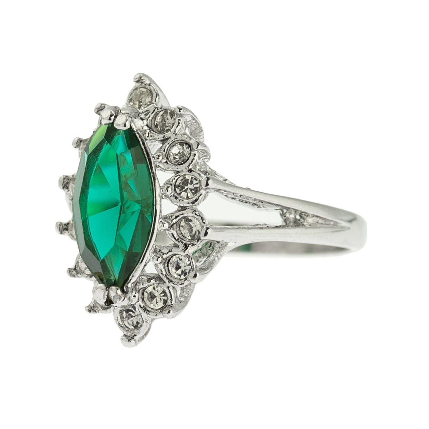 Vintage Emerald and Clear Swarovski Crystals 18k White Gold Electroplated Ring May Birthstone R1891 Size 8