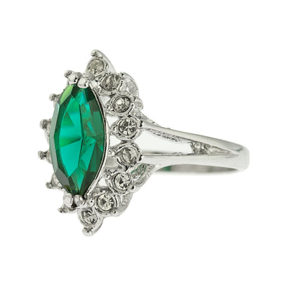 Vintage Emerald and Clear Swarovski Crystals 18k White Gold Electroplated Ring May Birthstone R1891 Size 8