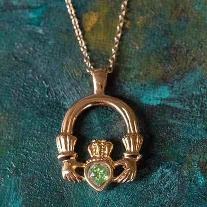 Vintage Claddagh Necklace Austrian Heart Crystal 18k Yellow Gold Electroplated Made in the USA