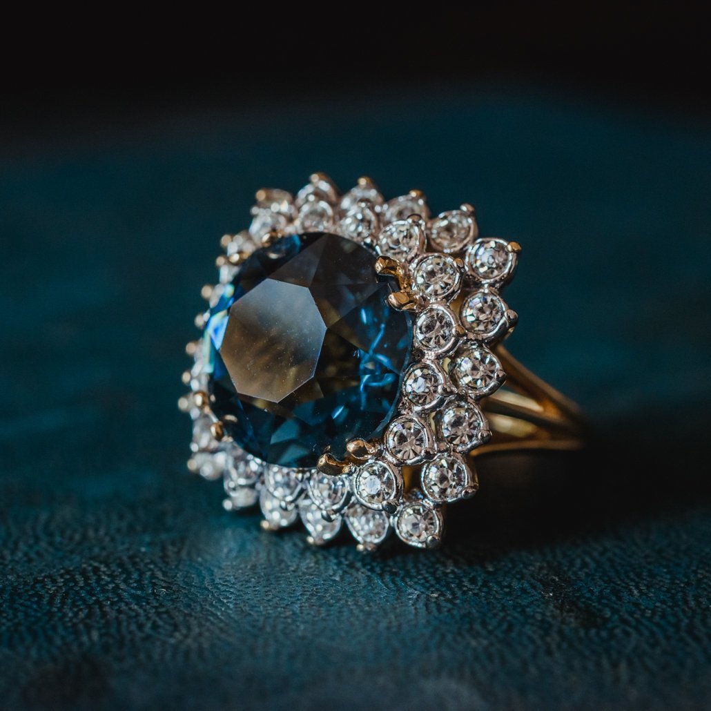 Vintage 1970s Sapphire and Clear Austrian Crystal Cluster Ring - 18k Yellow Gold Plated - Made in USA jewelry image 1