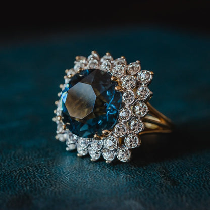 Vintage 1970s Sapphire and Clear Austrian Crystal Cluster Ring - 18k Yellow Gold Plated - Made in USA jewelry image 1