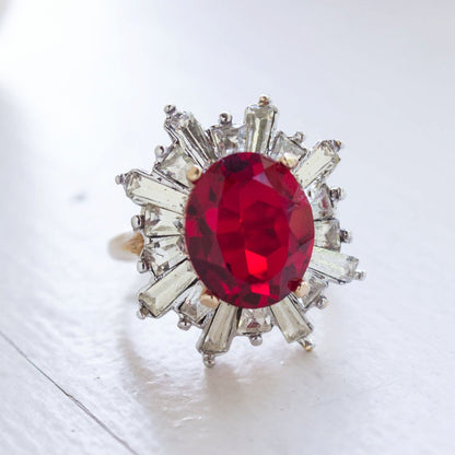 Vintage Austrian Crystal 18k Yellow Gold Electroplated Womens Antique Cocktail Ring Made in USA