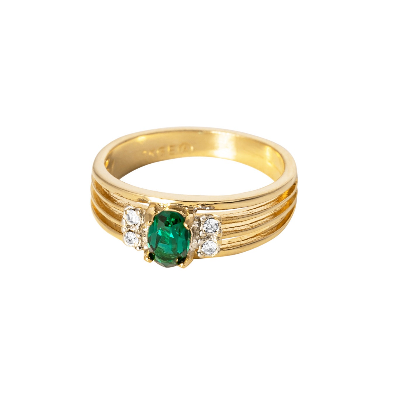 Vintage 1980s Emerald and Clear Austrian Crystal 18k Gold Electroplated Band Ring - Made in USA jewelry image 1