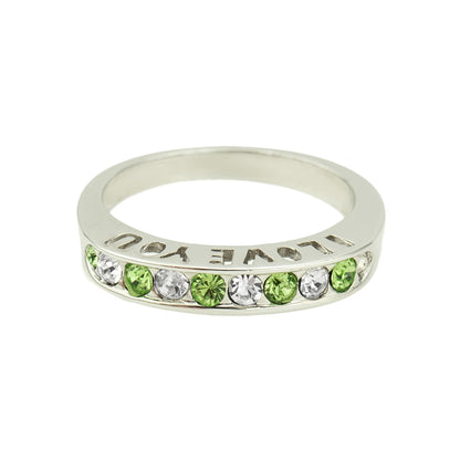 Vintage Ring 1980s I Love You Ring Band Ring Peridot and Clear Swarovski Crystals Imported #R4578-PW Size: 7