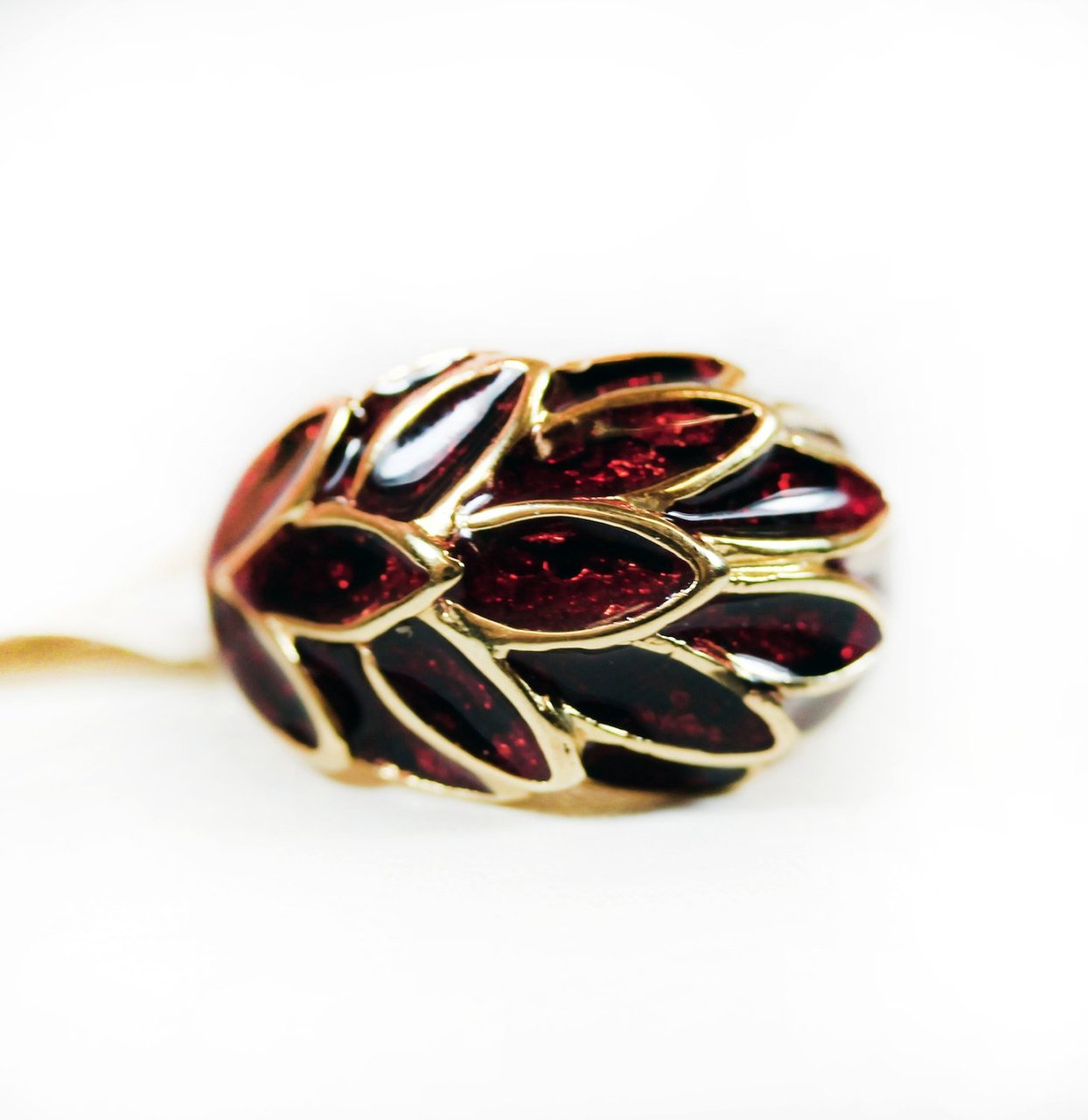 Vintage 1970's Deep Ruby Enamel with Sparkle Undertone Leaf Motif 18k Gold Electroplated Ring