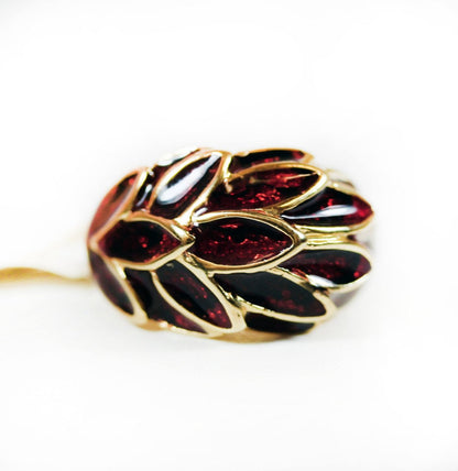 Vintage 1970's Deep Ruby Enamel with Sparkle Undertone Leaf Motif 18k Gold Electroplated Ring