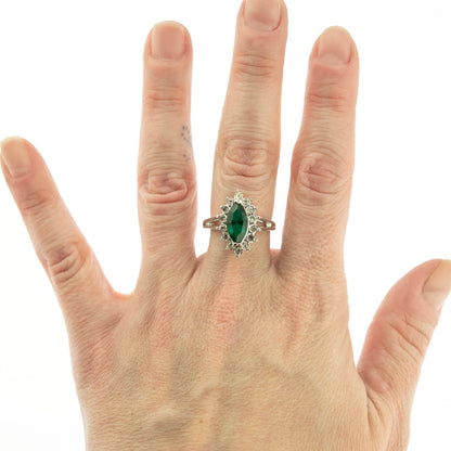 Vintage Emerald and Clear Swarovski Crystals 18k White Gold Electroplated Ring May Birthstone R1891 Size 8