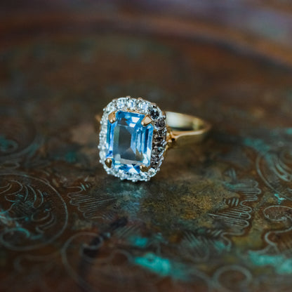 Vintage 1970s Aquamarine Austrian Crystal Halo Ring – 18k Gold Plated with Clear Crystals jewelry image 1