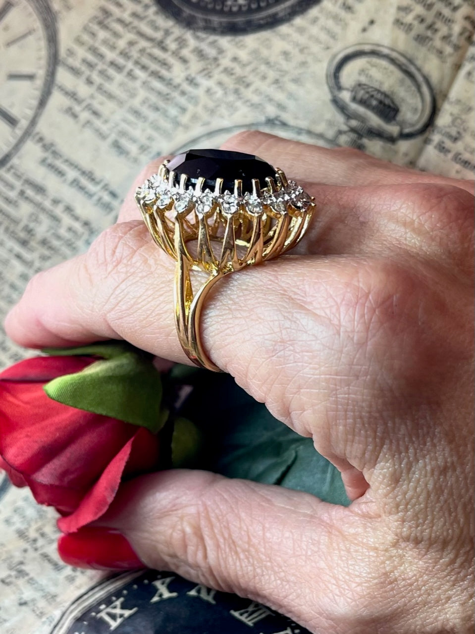 Vintage Amethyst and Clear Austrian Crystal Cocktail Ring 18k Yellow Gold Electroplated Made in USA