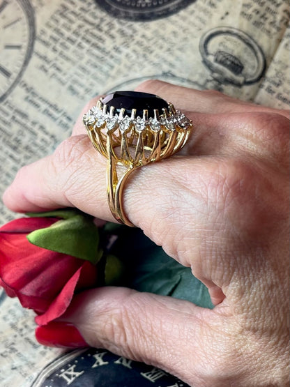 Vintage Amethyst and Clear Austrian Crystal Cocktail Ring 18k Yellow Gold Electroplated Made in USA
