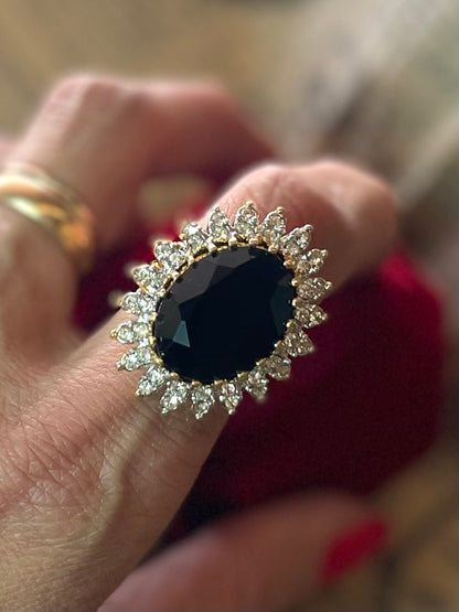 Vintage Amethyst and Clear Austrian Crystal Cocktail Ring 18k Yellow Gold Electroplated Made in USA