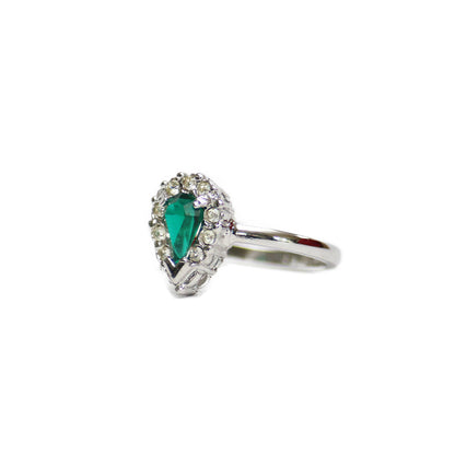 Vintage Ring Teardrop Emerald and Clear Swarovski Crystals 18k White Gold Silver  #R129 Size: 13