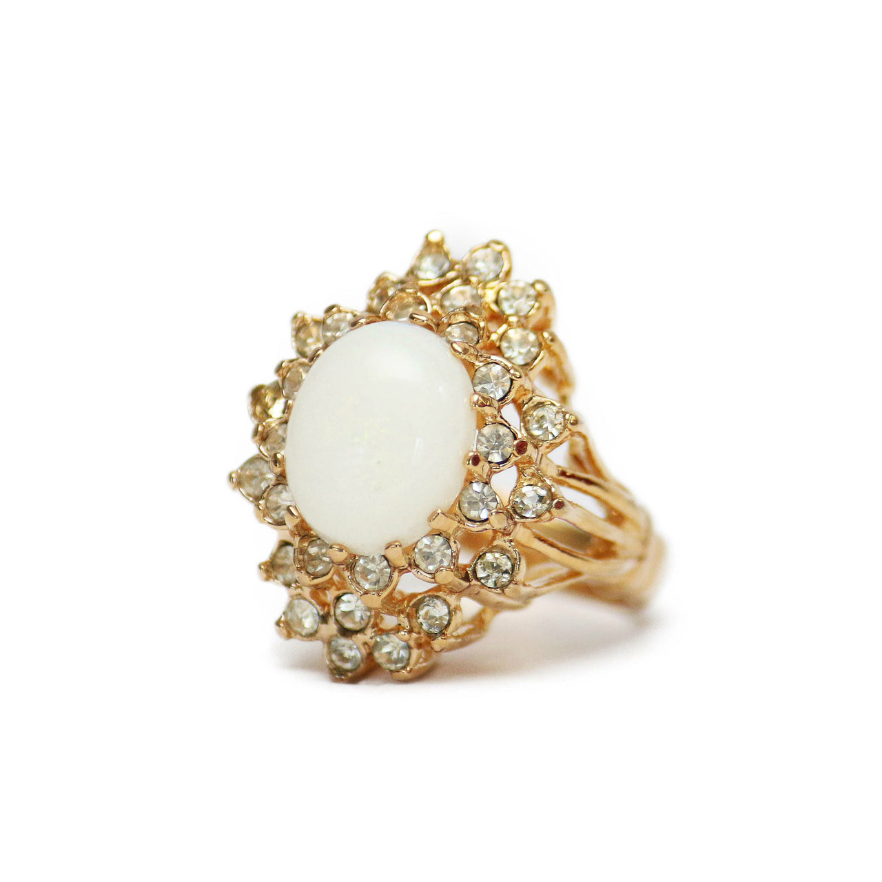 Vintage Pinfire Opal Ring with Clear Austrian Crystals - 18k Yellow Gold Electroplated jewelry image 1