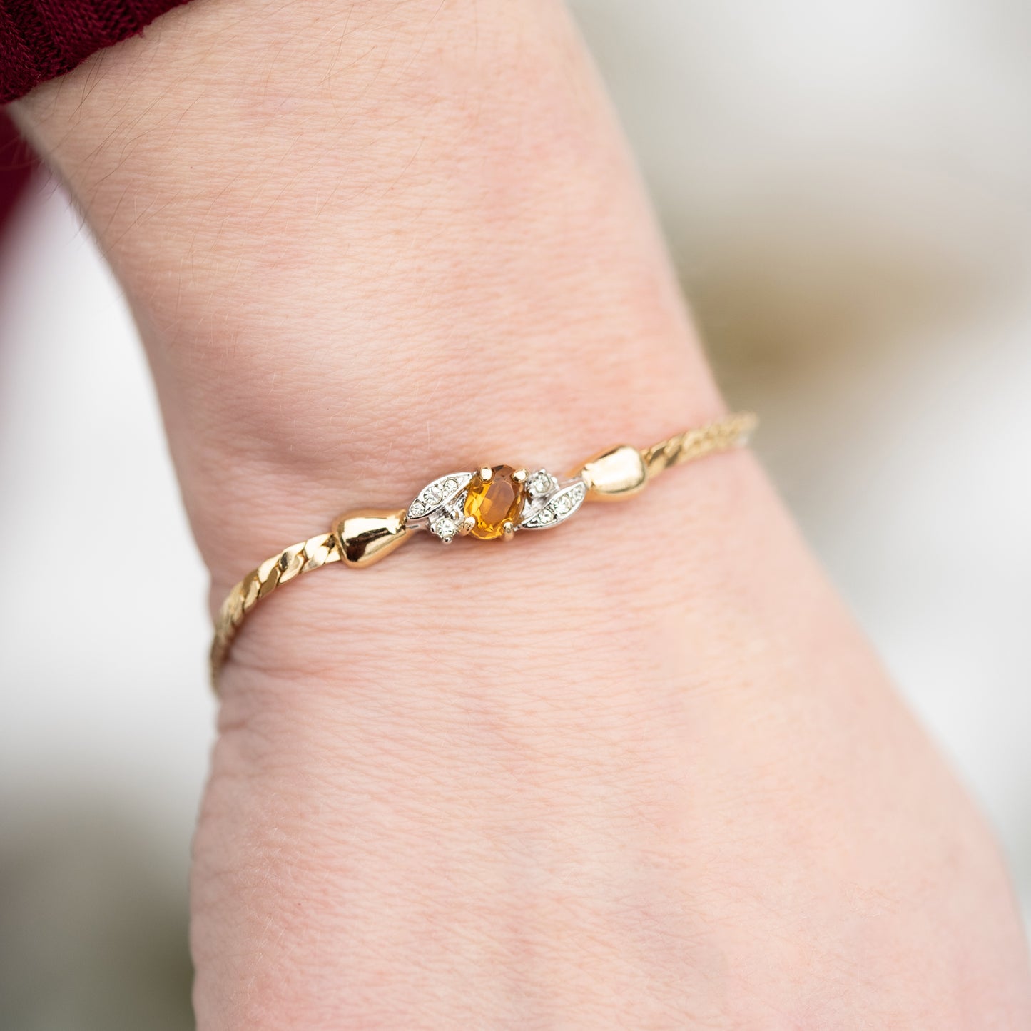 Vintage Light Topaz and Clear Swarovski Crystal 18kt Gold Electroplated Bracelet jewelry image 1