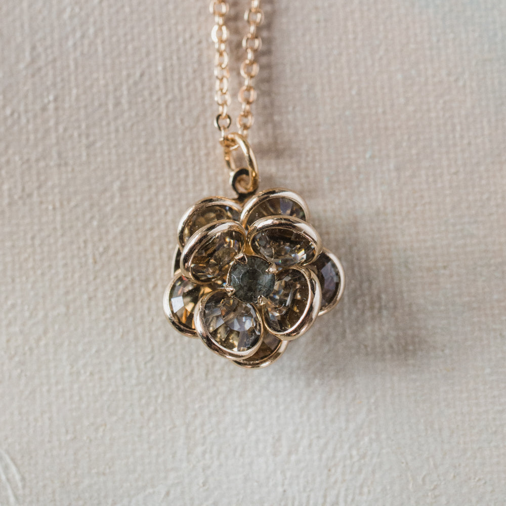 Vintage Clear Crystal Flower Pendant Necklace - Gold Electroplated 18" Chain jewelry image 1