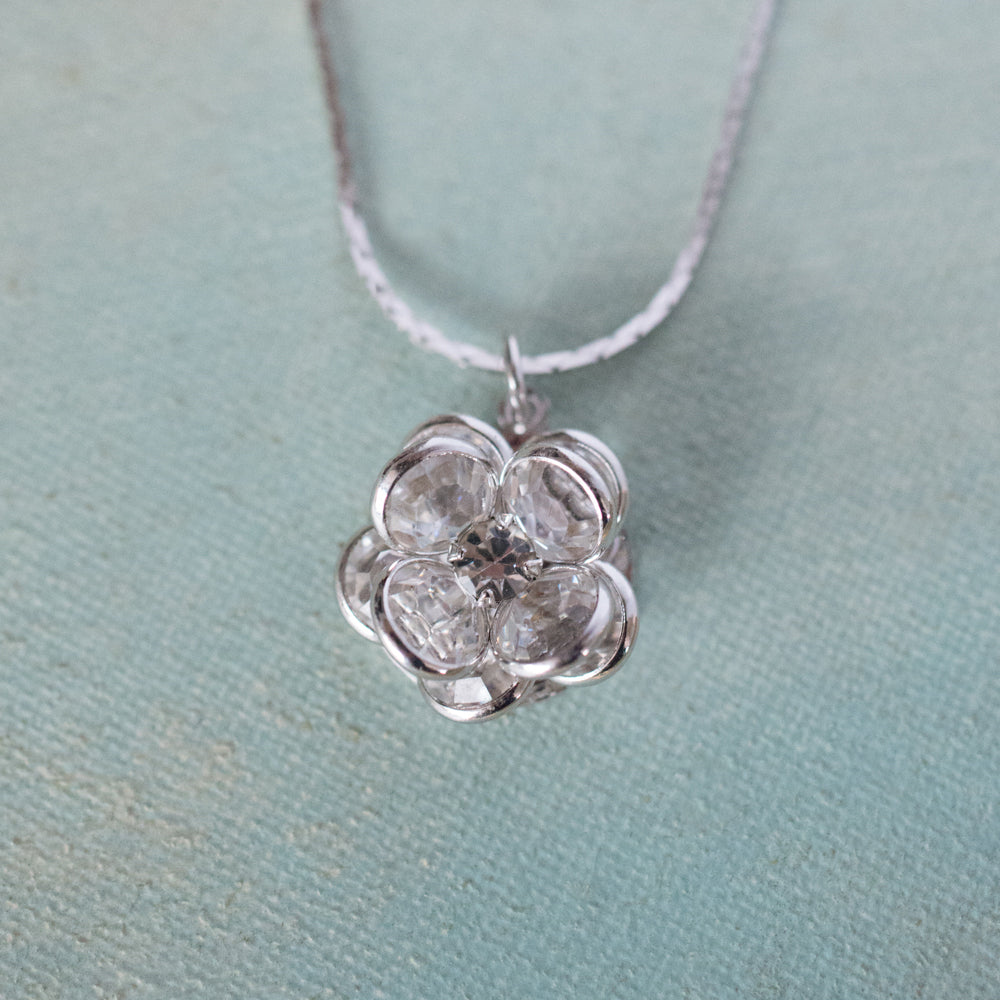 Vintage Clear Crystal Flower Pendant Necklace - 18k White Gold Electroplated jewelry image 1