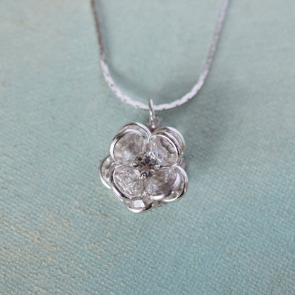 Vintage Clear Crystal Flower Pendant Necklace - 18k White Gold Electroplated jewelry image 1