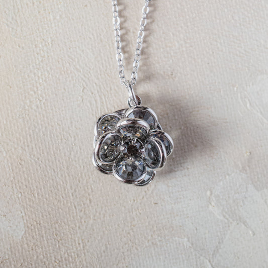 Vintage Clear Crystal Flower Pendant Necklace - 18k White Gold Electroplated jewelry image 1