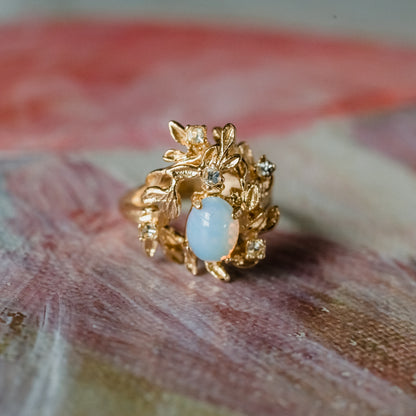Vintage Flower Petals Ring with Jelly Opal and Clear Crystals 18k Yellow Gold Electroplated Size: 4