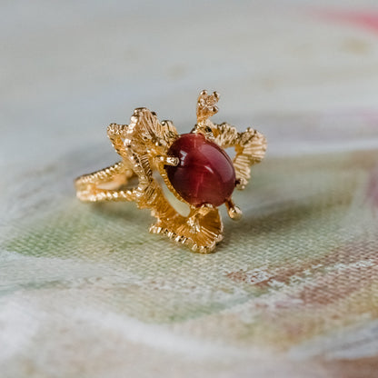 Vintage Ring Genuine Red Tiger Eye Ring and Swarovski Crystal 18k Gold Plated Womans Jewlry Tigerseye Size R247
