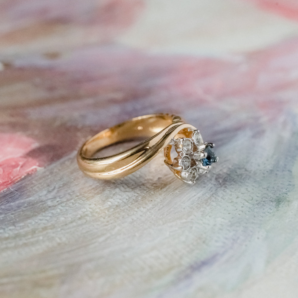 Vintage Ring 1980's Ring Sapphire and Clear Swarovski Crystal 18k Gold Antique Womans Jewelry R2704