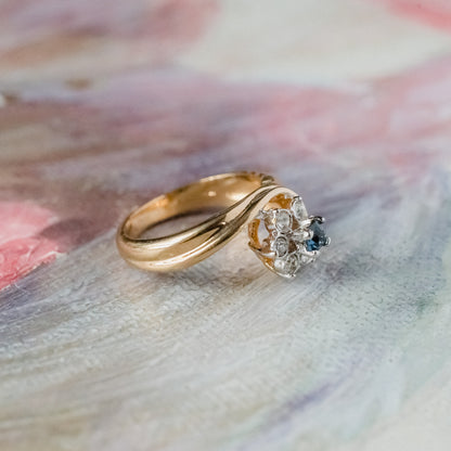 Vintage Ring 1980's Ring Sapphire and Clear Swarovski Crystal 18k Gold Antique Womans Jewelry R2704