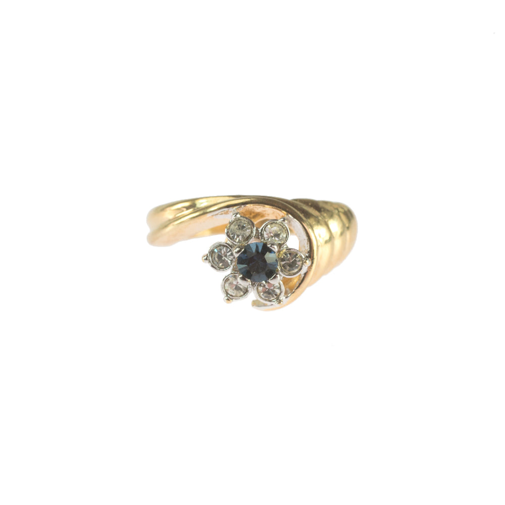Vintage Ring 1980's Ring Sapphire and Clear Swarovski Crystal 18k Gold Antique Womans Jewelry R2704