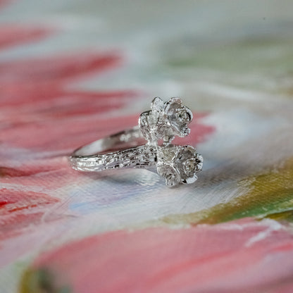 Vintage Ring 1970's Double Rose Ring Swaroski Crystals 18k White Gold Silver  R276 Size: 8