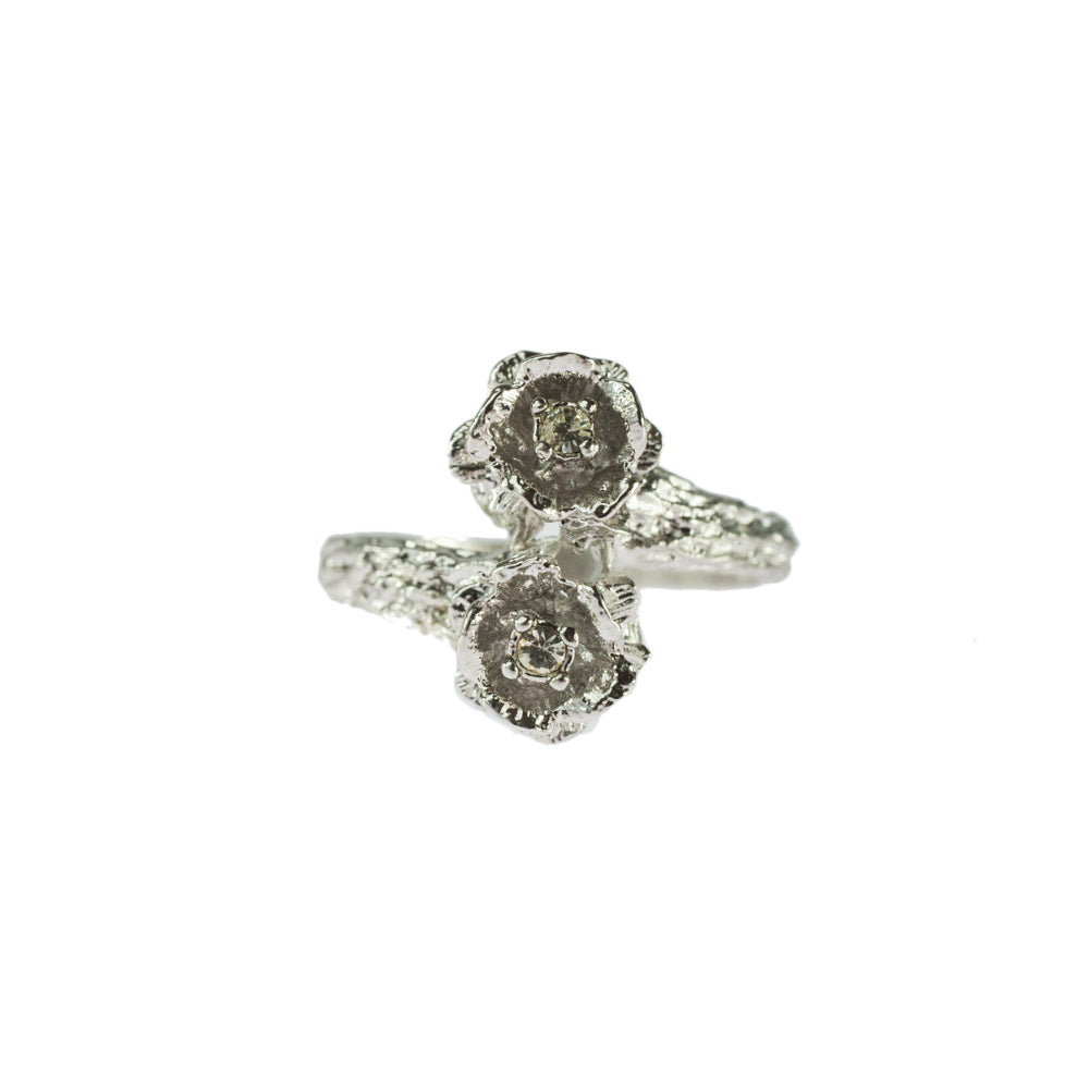 Vintage Ring 1970's Double Rose Ring Swaroski Crystals 18k White Gold Silver  R276 Size: 8
