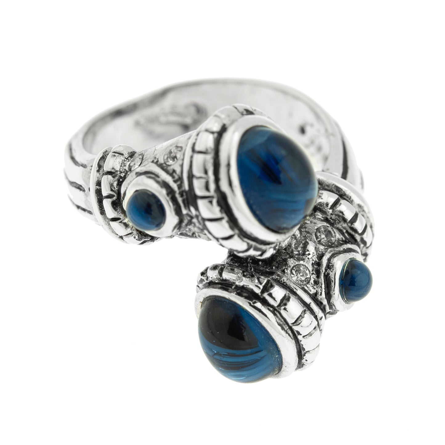 Vintage Ring 1990's Montana Sapphire Glass Cabochon Stones 18k White Gold Silver Plated #R3438 Size: 9