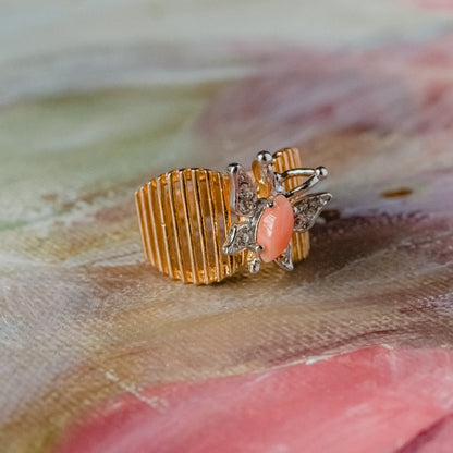 Vintage Butterfly Ring Genuine Coral and Clear Austrian Crystals 18kt Yellow Gold Electroplated